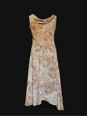 Y2K Sleeveless Cowl Neck Animal-Print Midi Dress in Gold and Cream